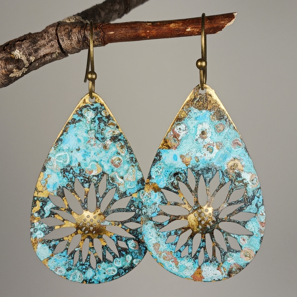 HAND CRAFTED EARRINGS Brass Turquoise Patina Flower Dangle Drop - Picture 3 of 8